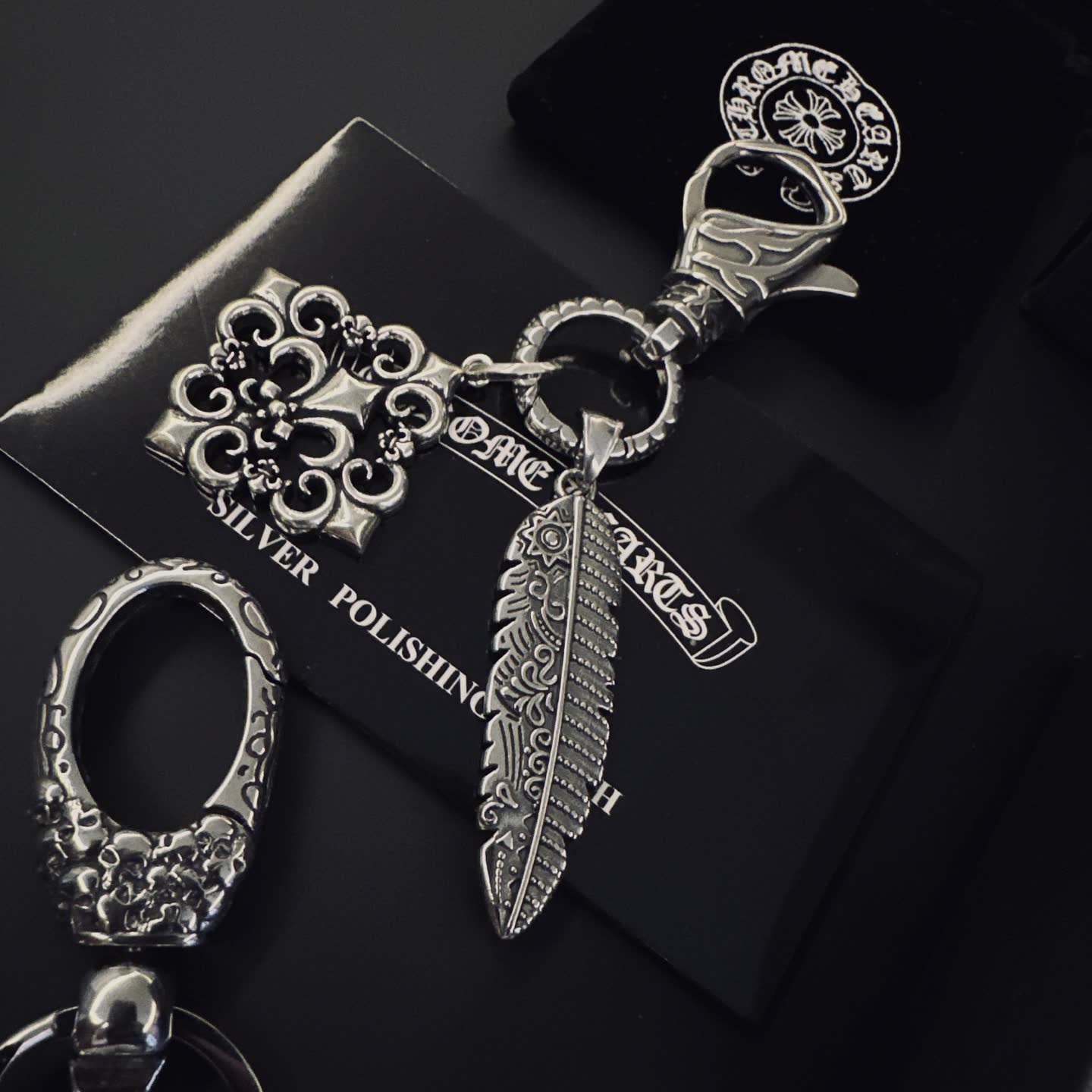 Chrome Hearts Silver Keychain with Cross and Fleur-de-lis Charms